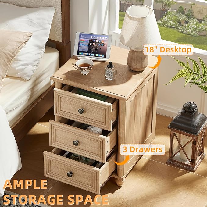 RWYHG 18" Farmhouse Night Stand, Natural Wood Nightstand with 3 Drawers, Bedside End Table with Storage and Roman Column, Bed Side Tables Cabinet for Bedroom, Living Room, and Closet - Image 4