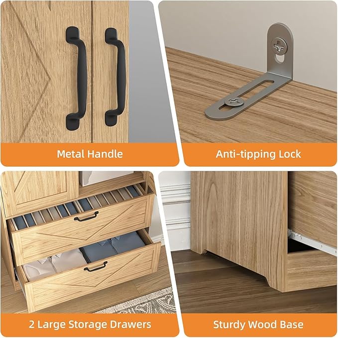 Natural Armoire Wardrobe Closet with Mirror Door and LED Lights,72" Tall Farmhouse Bedroom Armoire with Drawers and Adjustable Shelves,Wooden Armoire Wardrobe Closet for Bedroom