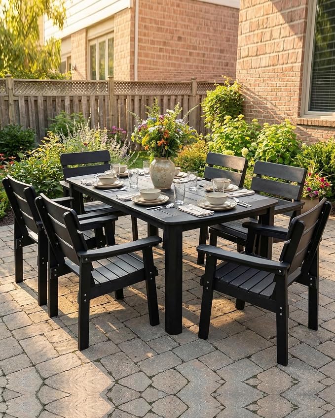 7-Piece Outdoor Dining Set, All-Weather HIPS Patio Table & Chairs for 6, Outdoor Furniture with Umbrella Hole, Ideal for Garden, Poolside, Backyard, Deck, Black - Image 8