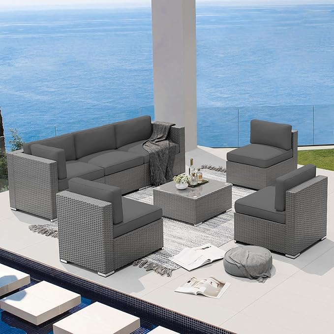 SUNCROWN UNCROWN Outdoor Patio Furniture Set 7 Piece Outdoor Sectional Sofa Grey Wicker Conversation Sofa Set with Coffee Table and Cushions, Backyard, Garden, Poolside, Grey
