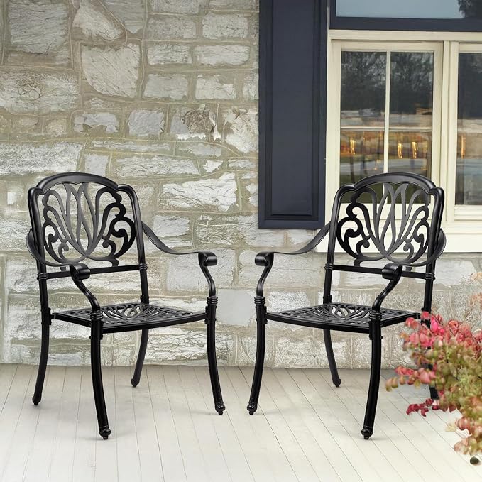 VINGLI Patio Chairs Set of 2 - Stackable Outdoor Cast Aluminum Dining Chairs with Vintage Black Finish and Floral Pattern, Metal Armchairs for Poolside, Backyard, Balcony (No Cushion) - Image 7