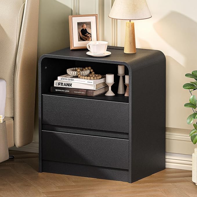 Modern Night Stand with Charging Station, 25" Tall Wood Nightstand Bedside Table with 3 Drawers & USB Ports, Mid-Century End Table for Bedroom (2, Black Smooth, 2 Drawers) - Image 3