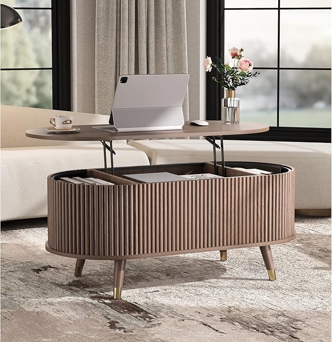 SULIVES Oval Coffee Table with Storage, Multifunctional Lift Top Drum Coffee Table, Small Fluted Center Table for Living Room, Walnut