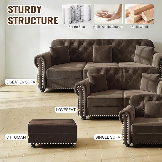 KEIKI 2-Piece Chesterfield Sofa Set with 1 Velvet 3-Seater Sofa & 1 Single Sofa, Upholstered 4-Seater Couch Set with Nailhead Trim & Rolled Arms & 1 Ottoman & 4 Pillow, for Living Room, Brown