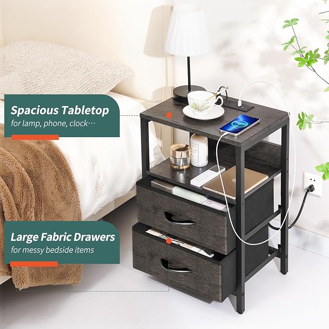 Yoobure Nightstand with Charging Station, LED Night Stand with Fabric Drawers and Storage Shelf for Bedroom, Nightstands Bedside Tables with USB Ports & Outlets, Small Night Stands, Bed Side Table - Image 7