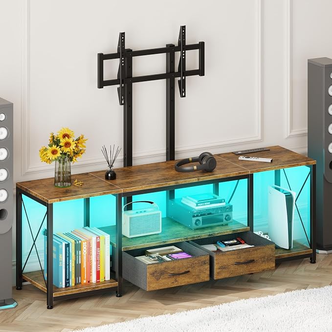 GYIIYUO LED TV Stand with Mount and Power Outlet & Fabric Drawers for 32-85 Inches TV - Entertainment Center and Corner Tv Stand for Living Room, Bedroom- 47" Rustic Brown (Max VESA 600mm × 400mm | with Mount, Power Outlet, Fabric Drawers, 32-85 Inches TV by GYIIYUO