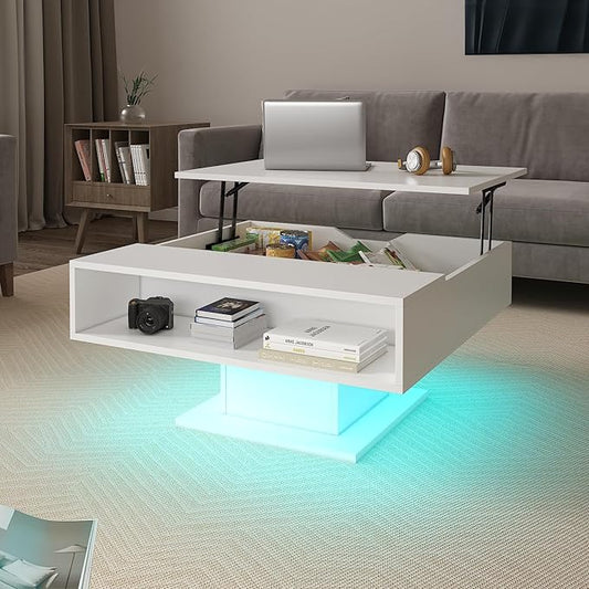 30.7" Lift Top Coffee Table with Storage, Square White Led Coffee Table with Large Hidden Storage, Wood Living Room Table Led Center Table for Dining Reception Room
