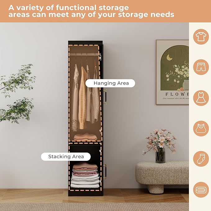 GraceGrove Armoire Wardrobe Closet Cabinet with with Mirror and Single Door, Wardrobe with Hanging Rod, Wood Closet Storage for Large Storage, Bedroom Armoires and Wardrobes Black