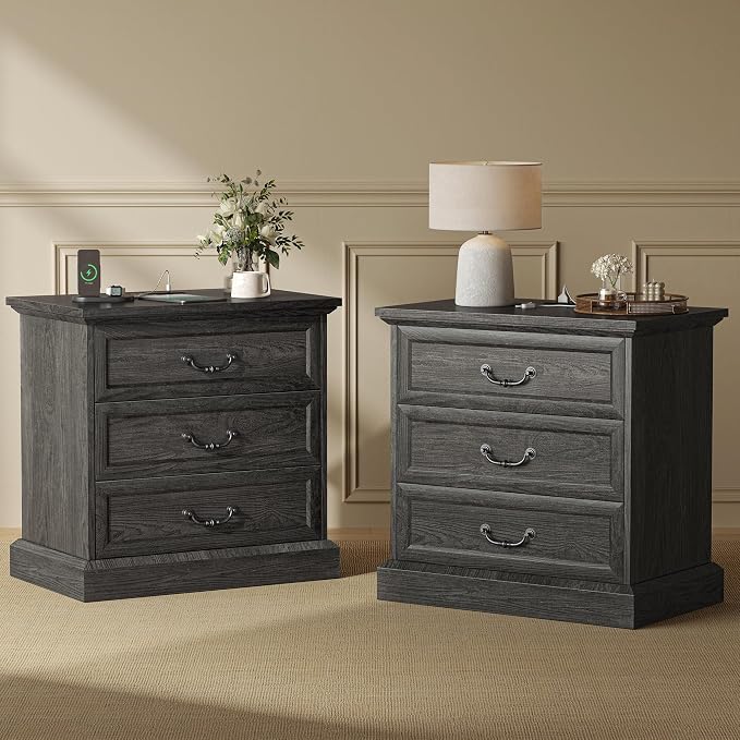 Huuger Nightstand with Charging Station, 3 Drawer Night Stand Set of 2, 22 Inch Wider Side Table with Storage, Farmhouse Nightstand with Vintage Handles, Thicken Base, for Bedroom, Black by Huuger
