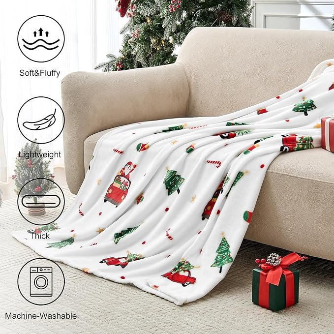 Edenleaf Christmas Blanket - White Holiday Throw with Santa Claus & Snowman - Warm Cozy Fleece Winter Blanket, 50x60 Inches???White