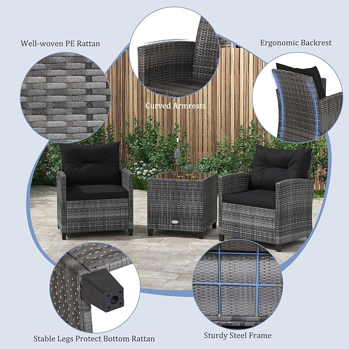 KOTEK 3 Piece Patio Furniture Set, Outdoor PE Rattan Conversation Set with Washable Cushions & Tempered Glass Tabletop, Wicker Chairs and Table Set for Porch, Garden, Balcony (Black)
