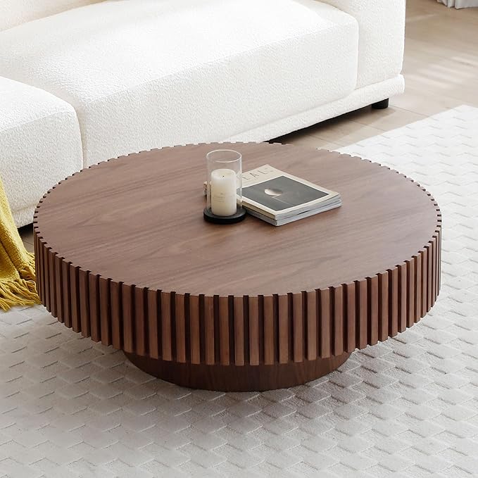39.37" Round Wood Coffee Table, Modern Unique Circle Coffee Table, Contemporary Drum Fluted Accent Side Table Center Table for Living Room, Office, Apartment, Walnut