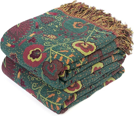Boho Throw Blanket for Bed 100% Cotton Soft Lightweight Quilt Home Decor Breathable Spring Bed Blanket,Floral Embroidery Reversible All Season Blankets for Sofa Couch Chair 90"x98"