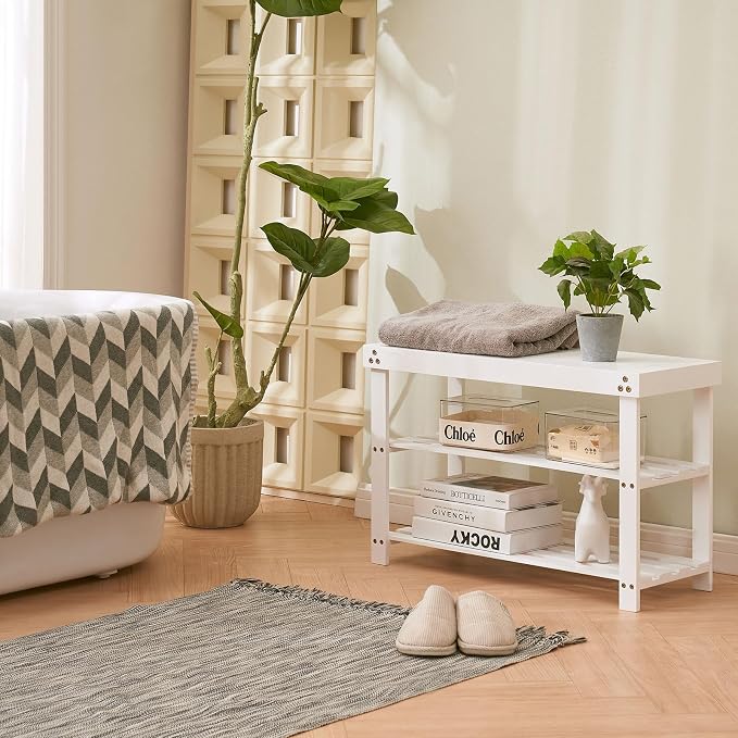 Apicizon Bamboo Shoe Rack for Entryway, 3-Tier Shoe Rack Bench for Front Indoor Entrance, Small Shoe Organizer with Storage, White - Image 5