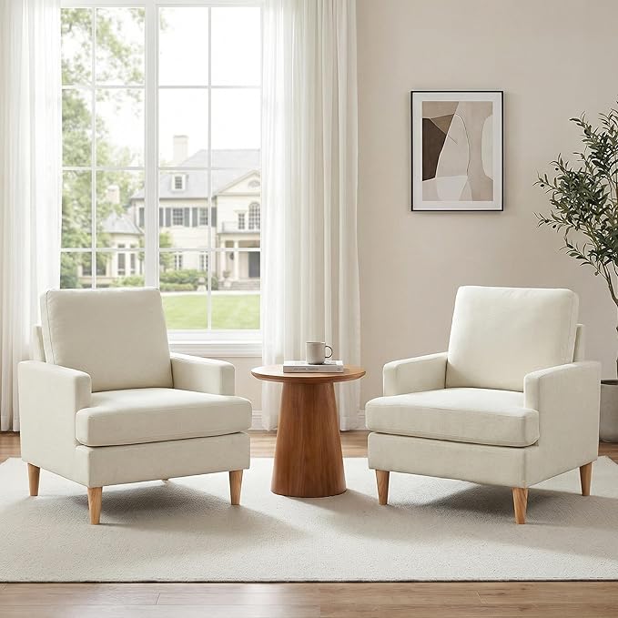 VKNOW Mid-Century Accent Chairs Set of 2, No Tools Assembly Required, Modern Upholstered Polyester Armchairs for Living Room & Bedroom, Comfortable Reading Chairs with Wood Legs, Beige
