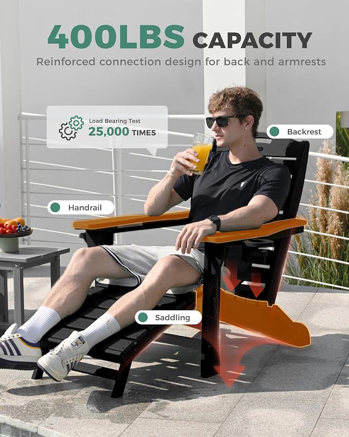 Folding Adirondack Chairs Set of 2,Adirondack Chair with Retractable Ottoman,Plastic Adirondack Chairs with 2 Cup Holder,Weather Resistant Patio Chair,Outdoor Chairs Set of 2(Black) - Image 6