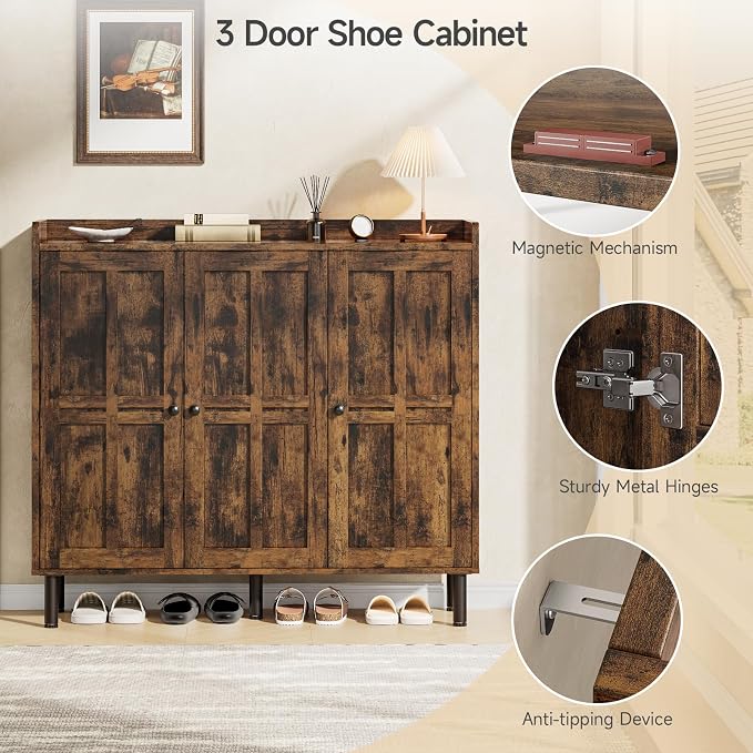 ONBRILL Shoe Cabinet with 3 Doors and Adjustable Shelves, 30 Pairs Shoe Storage Cabinet, 40 Inch Tall Farmhouse Shoe Rack Shoe Organizer Cabinet for Entryway Living Room Closet, Rustic Brown - Image 8