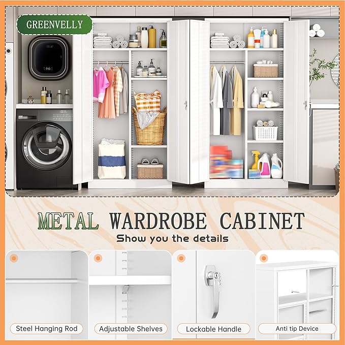 Greenvelly Metal Wardrobe Cabinet with Locking Doors, 72"H White Metal Wardrobe Closet with Hanging Rods and Adjustable Shelves, Clothing Storage Closet for Home, Office, Employee, Gym (16" D x 32" W)