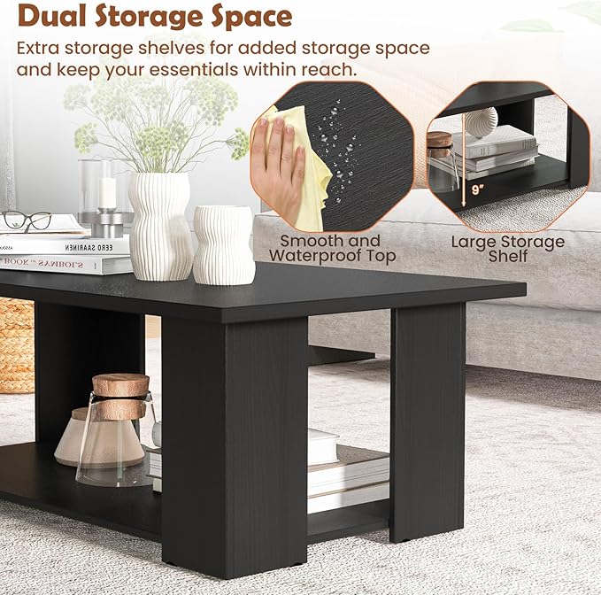 Giantex Rectangle Wood Center Table, 41 Inch 2-Tier Large Modern Tea Table w/Open Compartment, Easy Assembly, Accent Coffee Table for Living Room, Reception Room, Black