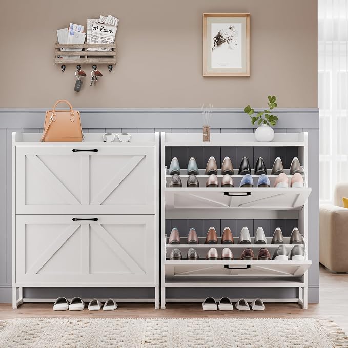 MU Shoe Storage Cabinet for Entryway, Hidden Shoe Cabinet with 2 Flip Drawers, Narrow Shoe Organizer Shoe Rack Cabinet with Metal Legs, White - Image 6