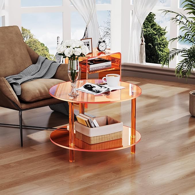 Acrylic Coffee Table, Small Round Modern Coffee Table for Living Room,23.6" D x 23.6" W x 16.5" H