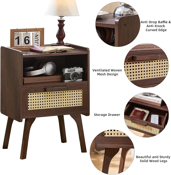 Lerliuo Rattan Nightstand, Bedside Table with Drawer Open Shelf, Cane Accent Side End Table with Solid Wood Legs, Walnut Vintage Night Stand for Bedroom, Dorm and Small Spaces - Image 6