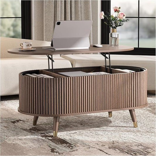 SULIVES Oval Coffee Table with Storage, Multifunctional Lift Top Drum Coffee Table, Small Fluted Center Table for Living Room, Walnut