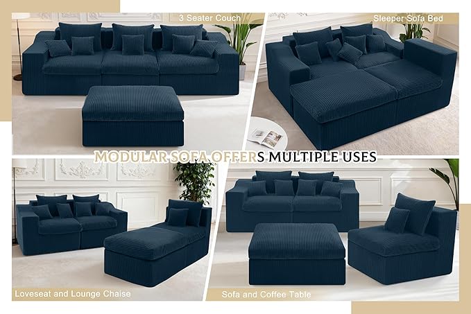 101" Modular Couch Sectionals with Ottoman, Big Comfy Cloud Couches, L Shaped 4 Seat Modular Sectional Sofa, Sectional Double Cushion Couches with Deep Seat for Living Room,No Assembly Required(Blue)