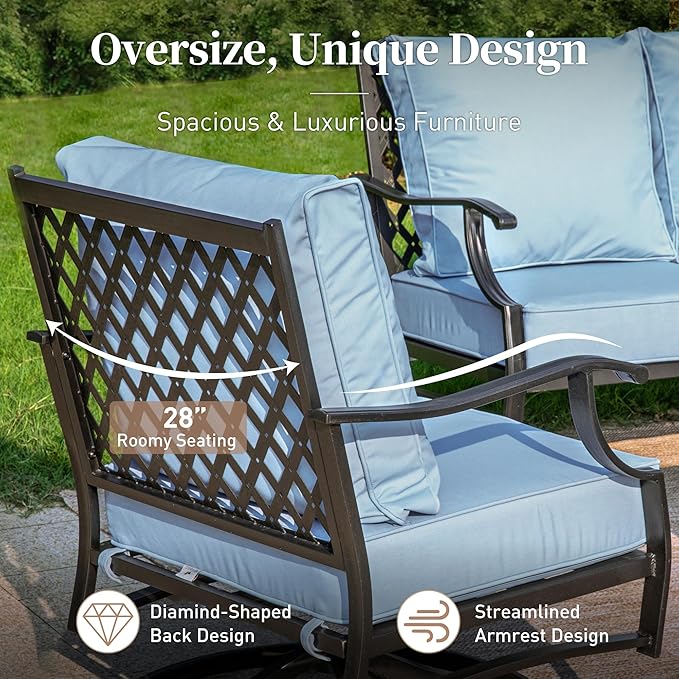 6 Piece Metal Outdoor Patio Furniture Set, Patio Conversation Set 1 3-seater Sofa, 2 Rocking Chair, 2 Ottomans with 5.75" Thick Cushion and Coffee Table, Black Backyard Furniture, Blue