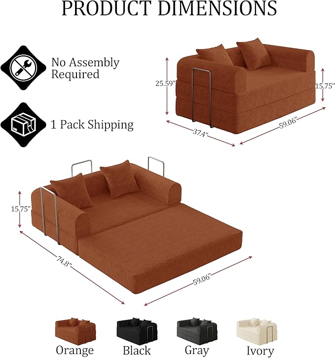 HouseMila 59" Boneless Couch,4-in-1 Futon Sofa Bed Modular Loveseat Sleeper Folding Compressed Couch with Pillows,No Assembly Required Convertible Sofa Bed for Living Room Bedroom Guest Room,Orange