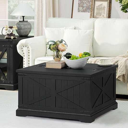 Farmhouse Coffee Table with Large Hidden Storage Compartment, Rustic Black Square Center Table, Wood Low Farm House Modern Living Room Tables with Hinged Lift Top & Wooden Arc Base