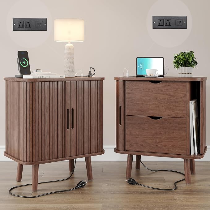 Alohappy 22.4" W Nightstands Set of 2, Mid Century Night Stands with Charging Station, Large Bedside Table with Drawers & Storage Shelf for Bedroom, Modern End Table Side Table for Home(Walnut, 2pcs) by Alohappy