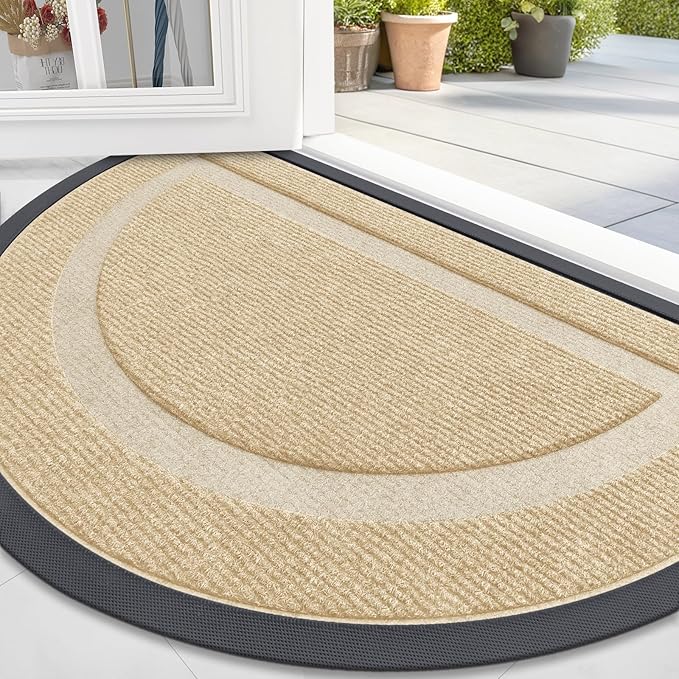 OLANLY Half Circle Door Mat Indoor Outdoor Entrance Welcome, Waterproof All-Season, All-Weather Doormat, Sturdy Natural Rubber, Low Profile, Easy Clean Patio Porch Entryway Mat, 47x32, Beige by OLANLY