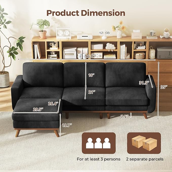 97" Black Corduroy Modular Sectional Sofa, L-Shaped Couch with Movable Ottoman & Spring Cushion, Deep Seat Modular Sofa for Living Room Bedroom Apartment