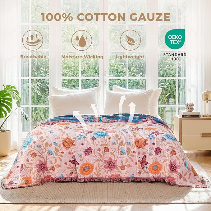 LUTBM Boho Throw Blanket for Couch Sofa Chair Cotton Spring Blankets for Bedroom Living Room All Season Soft Lightweight Reversible Floral Butterfly Embroidery Decorative Throws 50"x60" Home Decor