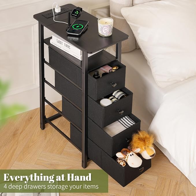 Yoobure LED Narrow Nightstand with Charging Station - Slim Dresser for Bedroom Narrow Side Table Storage Cabinet, Small Dressers Chest of Drawers, Tall Skinny Night Stand End Table for Small Spaces - Image 6