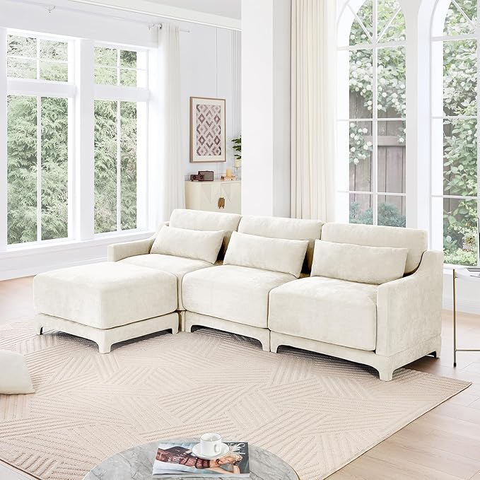 Ball & Cast 105.9” Modular Sectional Sofa, Comfy Cloud Couch with Lumbar Pillows and Ottoman, Deep Seat Chenille L Shaped Modular Sofa, Sectional Couches for Living Room, Bedroom and Apartment, Beige