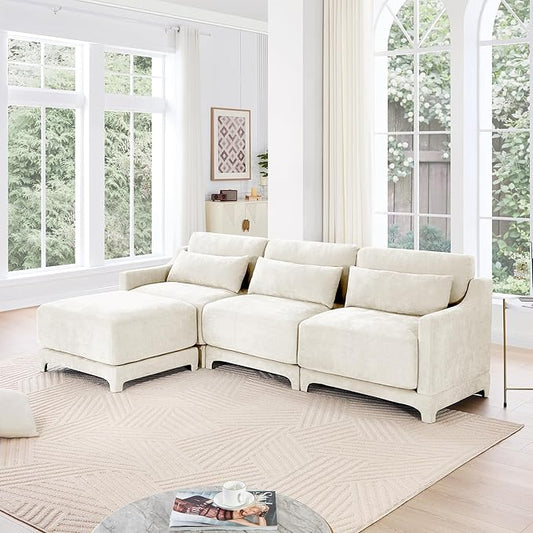 Ball & Cast 105.9” Modular Sectional Sofa, Comfy Cloud Couch with Lumbar Pillows and Ottoman, Deep Seat Chenille L Shaped Modular Sofa, Sectional Couches for Living Room, Bedroom and Apartment, Beige