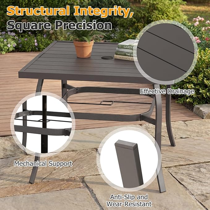 EROMMY 5-Piece Outdoor Patio Dining Set, 4 Metal Slat Chairs & Square Table with Umbrella Hole, All-Weather Patio Furniture for Backyard, Deck and Garden - Image 3