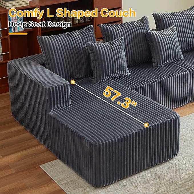 Boneless Couch, 101" Cloud Sectional Sofa with L Shaped Chaise, Deep Seat Sofa in a Box with 3 Modular Sections, Modern Corduroy Comfy Couch for Living Room, Grey