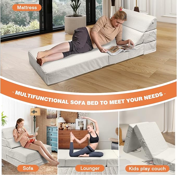 Comfy Foldable Sofa Bed - Convertible Sleeper Sofa Fold Out Sofa Bed Folding Chair Couch for Living Room Bedroom Guest, Floor Chairs Lounger Mattress Folding Sofa Bed with Back Support, Beige