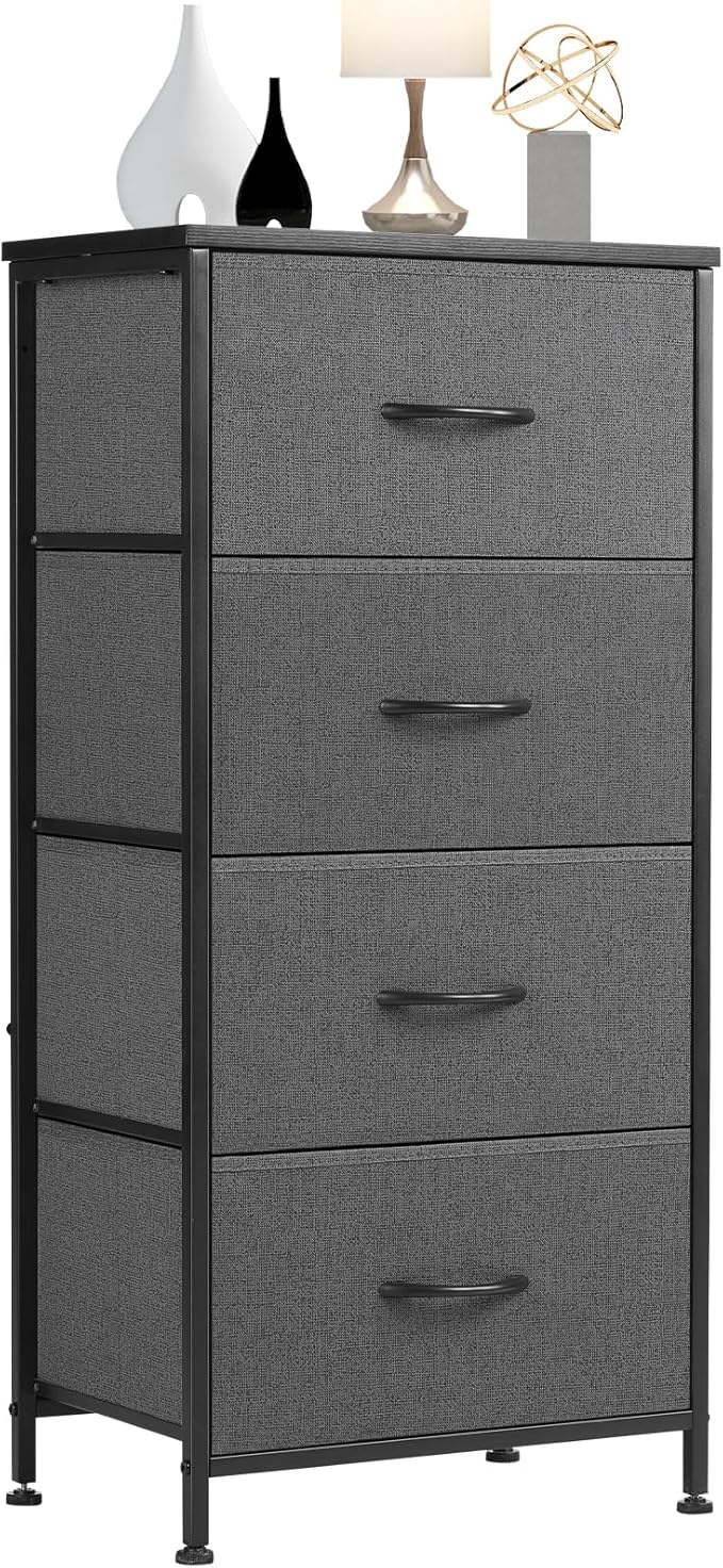 Simple Deluxe 4 Drawer Dresser, Fabric Storage Tower Organizer with Sturdy Steel Frame and Wood Top, Easy Pull Handles, for Bedroom, Entryway, Hallway, Grey