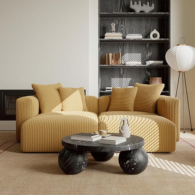 Acanva Corduroy Convertible Modular L Shaped Sectional Sofa, 4 Seater Free Combination Corner Couch, Convertible to DayBed, Wide Loveseat with Moveable Ottomans for Small Spaces, Sleeper Bed, Yellow