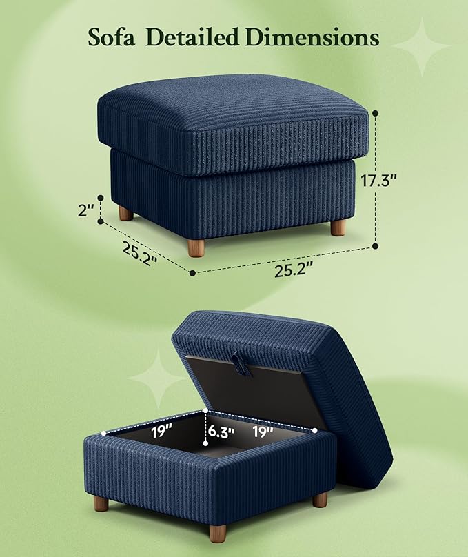 25.2" Couches for Living Room, Comfy Blue Ottoman with Storage, Foot Rest Tool-Free Setup, Small Ottoman Foot Rest for Couch, Corduroy Couch for Bedroom, Apartment, Office