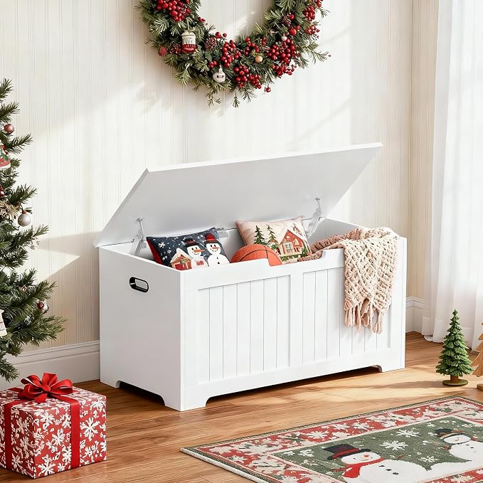 SUPER DEAL Storage Chest, 39 inches Chest Box Organizer with 2 Safety Hinges, Wooden Entryway Shoe Organizer Storage Bench, White - Image 2