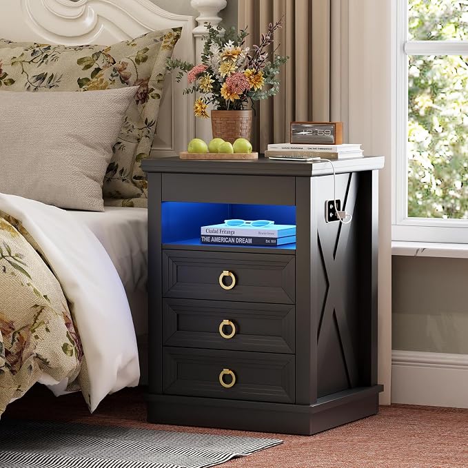 Farmhouse Nightstand Set 2 with Gun Drawer,Bedside Table with Charging Station and Human Body Senor,3 LED Lights Night Stand with 3 Drawers and Open Shelf,End Side Table for Bedroom(Black) - Image 8