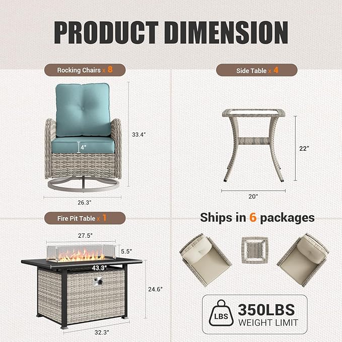 13Pcs Patio Rocking Swivel Chair with 55,000 BTU Fire Pit Table Outdoor Wicker Rattan Bistro Set with Tempered Glass Side Table, Patio Furniture Set for Garden and Balcony, Light Blue