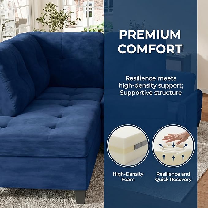 3-Piece L-Shaped Modular Sectional Sofa with Movable Chaise & Storage Ottoman, Convertible Lounge Couch for Living Room, Apartment & Office, Blue