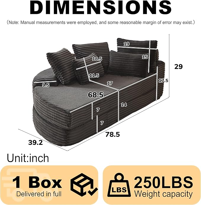 ERYE Oversized Round Sofa Chaise Daybed Comfy Corduroy Couch Boneless Sleeper Recliner Sofabed with 10 Pillows and Headrests