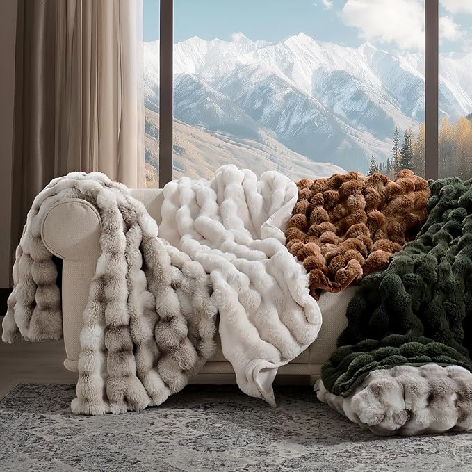 EverGrace Ultra Soft Luxury Fluffy Faux Rabbit Fur Throw Blanket, Thick Warm Bubble Throw for Bed, Cozy Plush Reversible Blankets for Couch, Chair, Sofa, Ivory White, 80x90 Inches